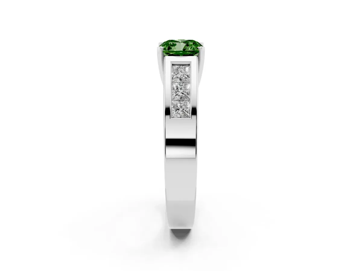 Fancy Green Cushion Cut Cut Channel Set Solitaire Ring with Four-Prong Setting Platinum
