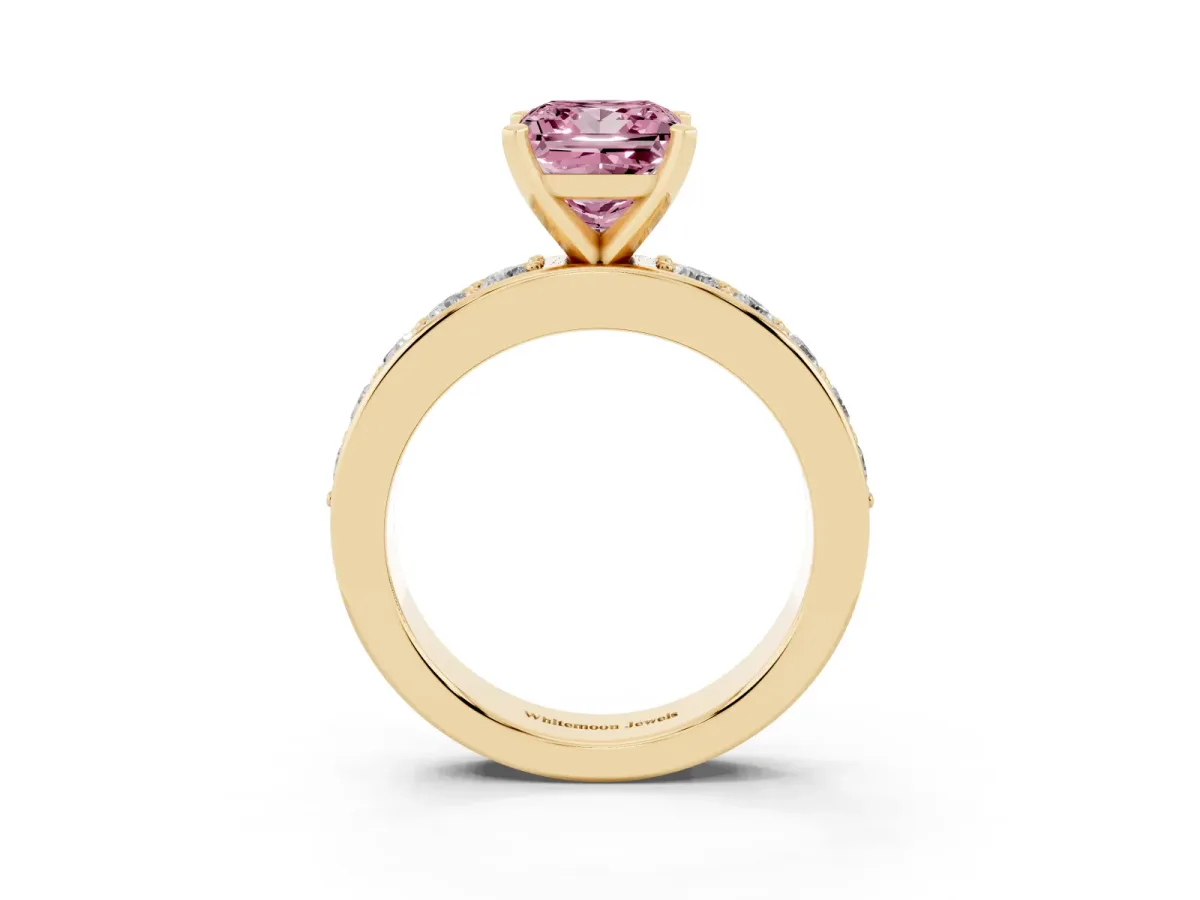 Fancy Pink Princess Cut Diamond Engagement Ring with Channel Set Round Band and Prong Setting Yellow gold