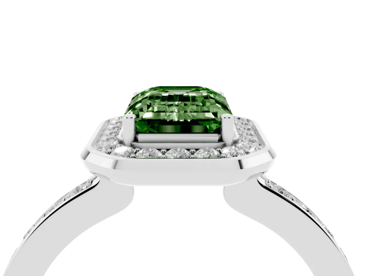 Fancy Green Emerald Cut Diamond Halo Ring with Bezel Frame and Pavé Band Silver