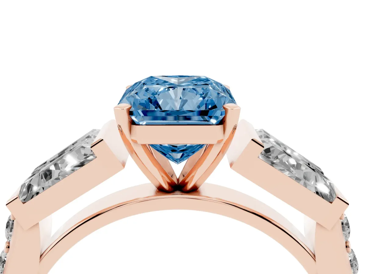 Fancy Blue Radiant Cut Diamond Engagement Ring with Baguette Side Stones and Channel Set Band Rose gold
