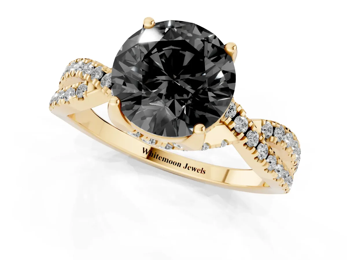 Fancy Black Round Cut Solitaire Twist Pave Diamond Engagement Ring with Prong Setting Yellow gold
