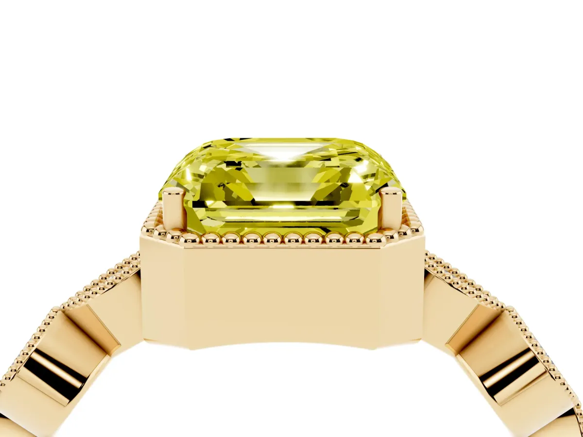 Fancy Yellow Asscher Cut Diamond Vintage Milgrain Ring with Round Stations Yellow gold