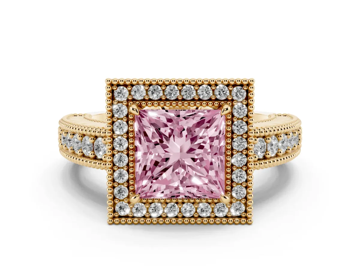 Fancy Pink Princess Cut Cut Halo Diamond Ring with Pavé Band and Four-Prong Setting Yellow gold