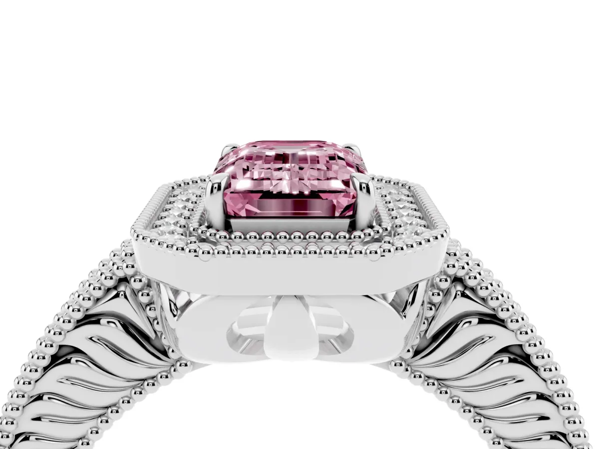 Fancy Pink Emerald Cut Cut Halo Diamond Ring with Pavé Band and Four-Prong Setting Platinum
