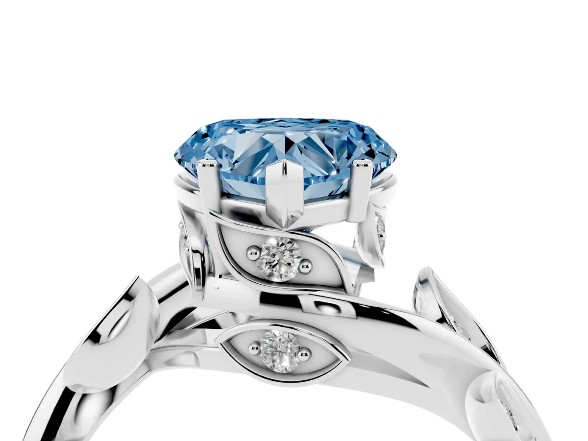 Fancy Blue Heart Cut Solitaire Twist Engagement Ring with Leaf Accents and Prong Setting White gold