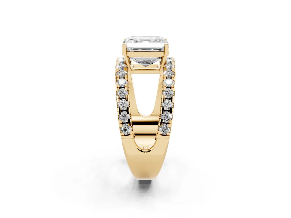 Asscher Cut Solitaire Split Shank Pave Diamond Ring Yellow gold