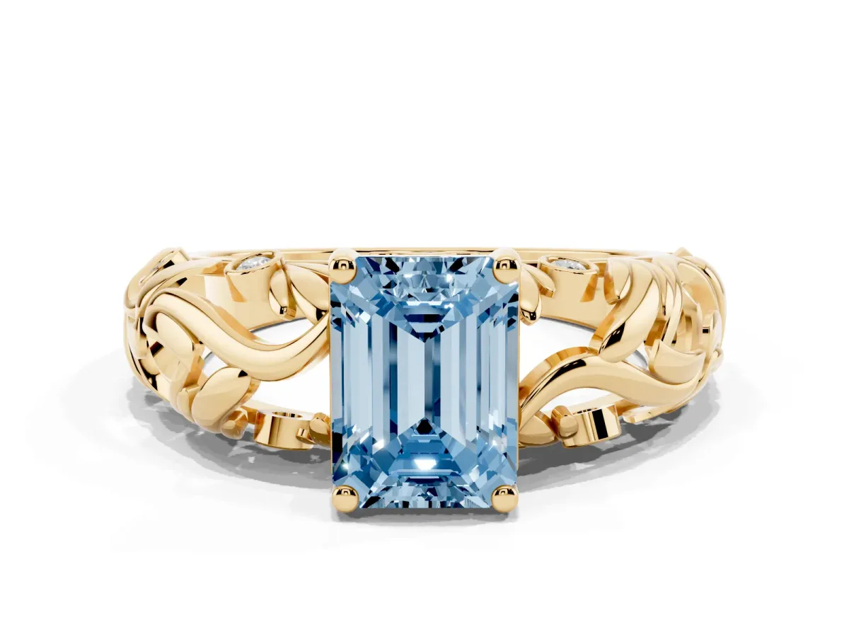 Fancy Blue Emerald Cut Solitaire Diamond Leaf-Inspired Vine Band Ring with Prong Setting Yellow gold