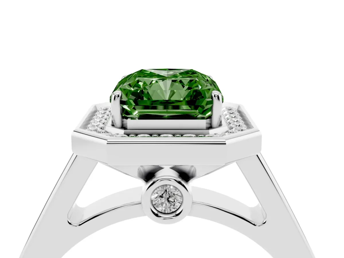 Fancy Green Emerald Cut Halo Solitaire Diamond Ring with Pave Band and Bezel Setting Silver