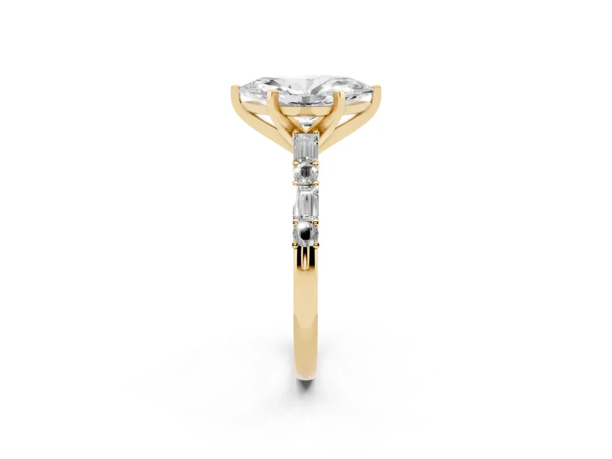 Marquise Cut Diamond Solitaire with Side Baguettes and Channel Set Band Yellow gold