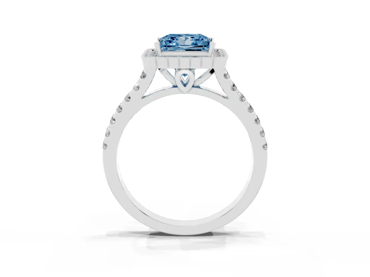 Fancy Blue Princess Cut Cut Diamond Milgrain Floral Halo Engagement Ring with Pavé Band Platinum