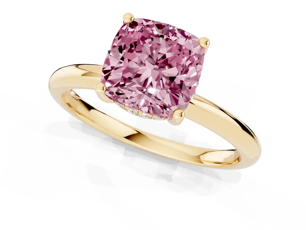 Fancy Pink Cushion Cut Cut Solitaire Engagement Ring with Four-Prong Setting and Classic Band Yellow gold