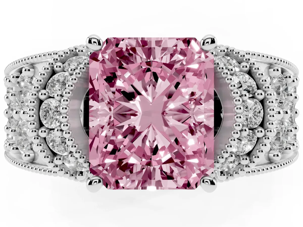 Fancy Pink Radiant Cut Halo Pave Diamond Engagement Ring with Milgrain Detailing White gold