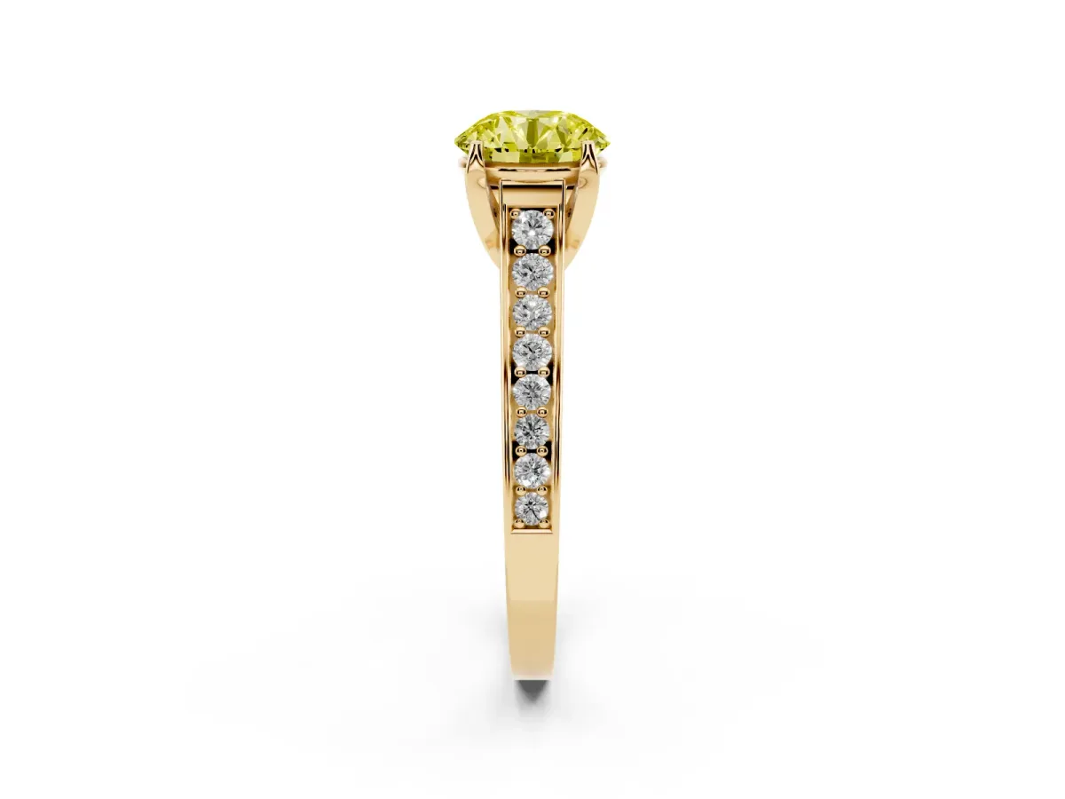 Fancy Yellow Round Cut Brilliant Cut Diamond Engagement Ring with Pavé Band and Four-Prong Setting Yellow gold