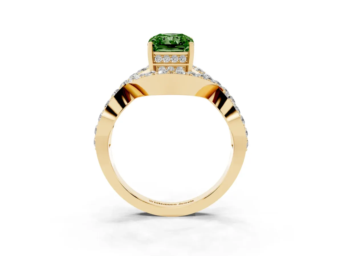 Fancy Green Radiant Cut Solitaire Twist Band Pavé Diamond Engagement Ring Yellow gold