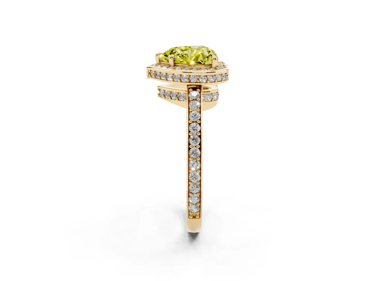 Fancy Yellow Heart Cut Halo Pave Band Solitaire Ring with Prong Setting Yellow gold