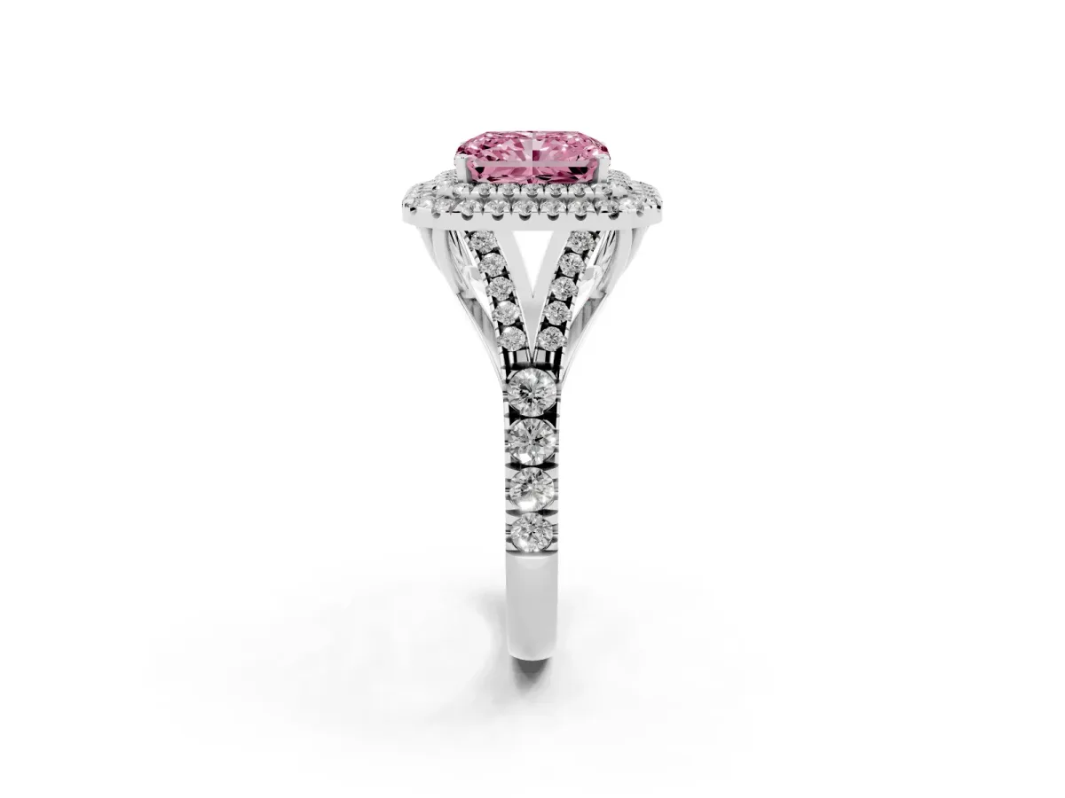 Fancy Pink Radiant Cut Diamond Pavé Split Shank Double Halo Engagement Ring Silver