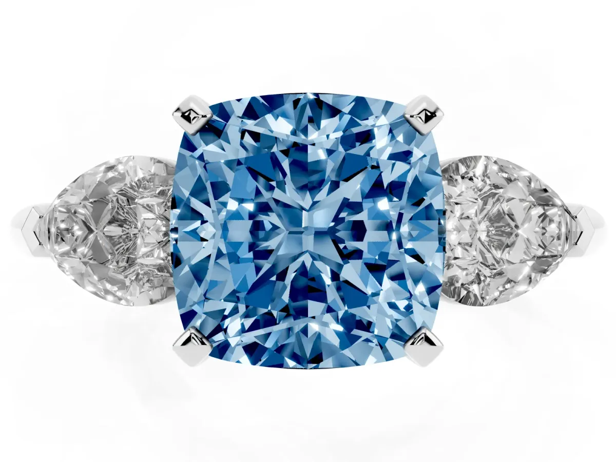 Fancy Blue Three-Stone Cushion Cut Diamond Ring with Pear Side Stones and Four-Prong Setting Platinum