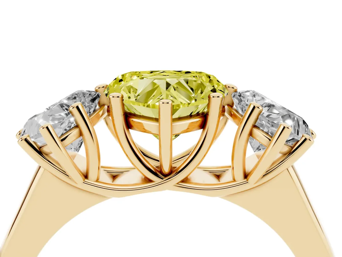 Fancy Yellow Heart Cut Three-Stone Diamond Ring with Prong Setting on a Classic Band Yellow gold