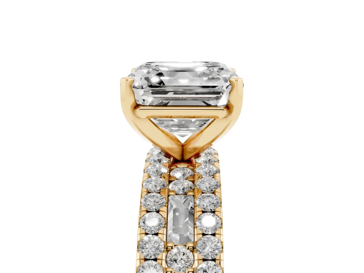 Asscher Cut Diamond Solitaire Ring with Pavé and Channel Set Band Yellow gold