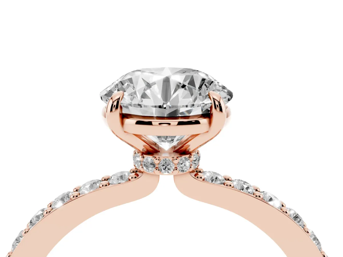 Round Cut Diamond Pavé Engagement Ring with Round Accents and Prong Setting Rose gold