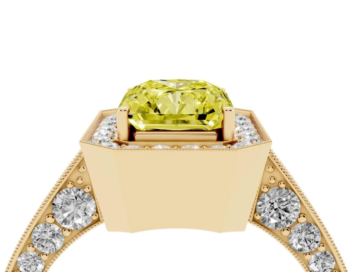 Fancy Yellow Radiant Cut Halo Diamond Engagement Ring with Split Shank Band and Four-Prong Setting Yellow gold