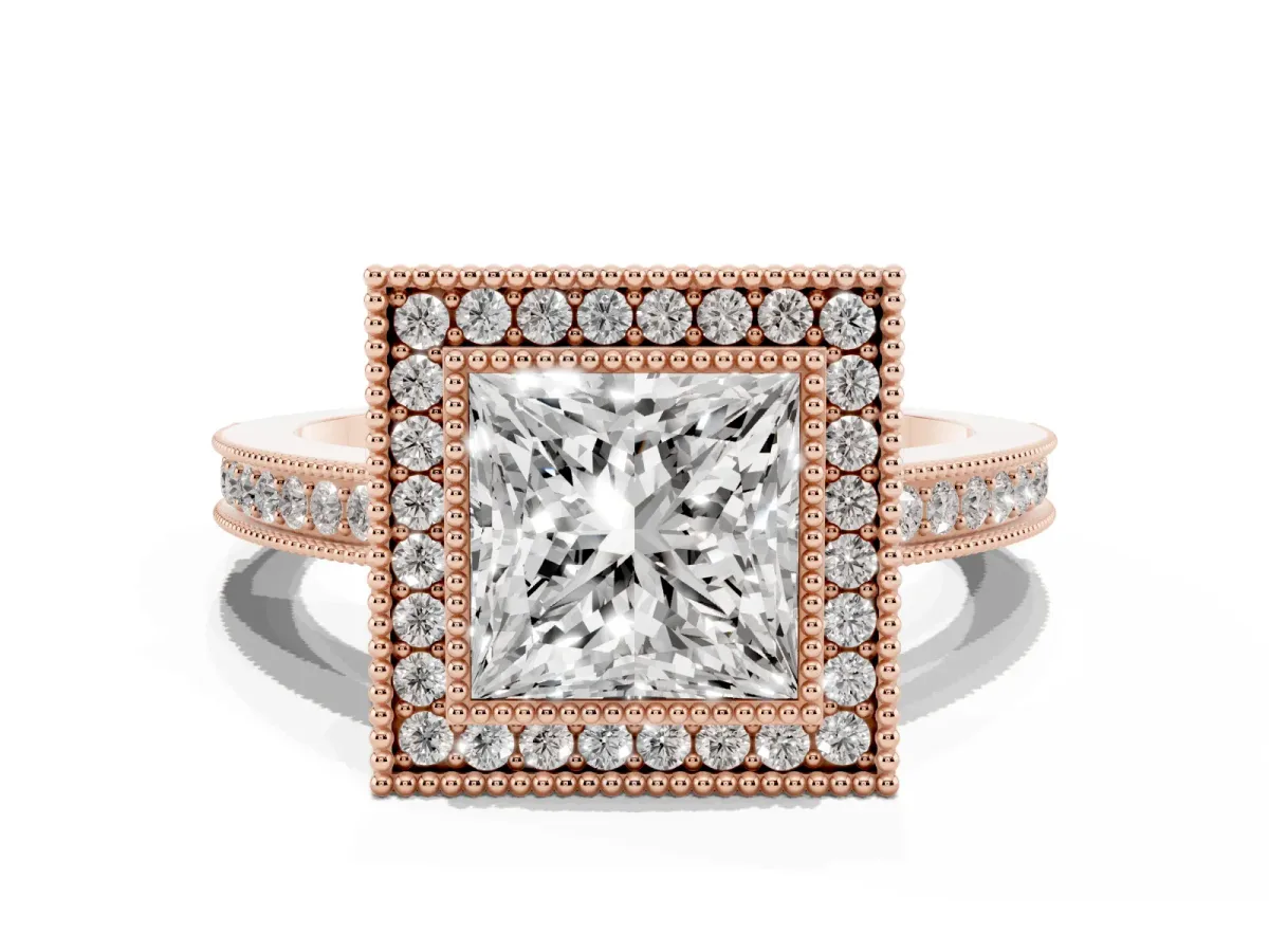 Princess Cut Cut Halo Diamond Ring with Pavé Band and Milgrain Prong Setting Rose gold