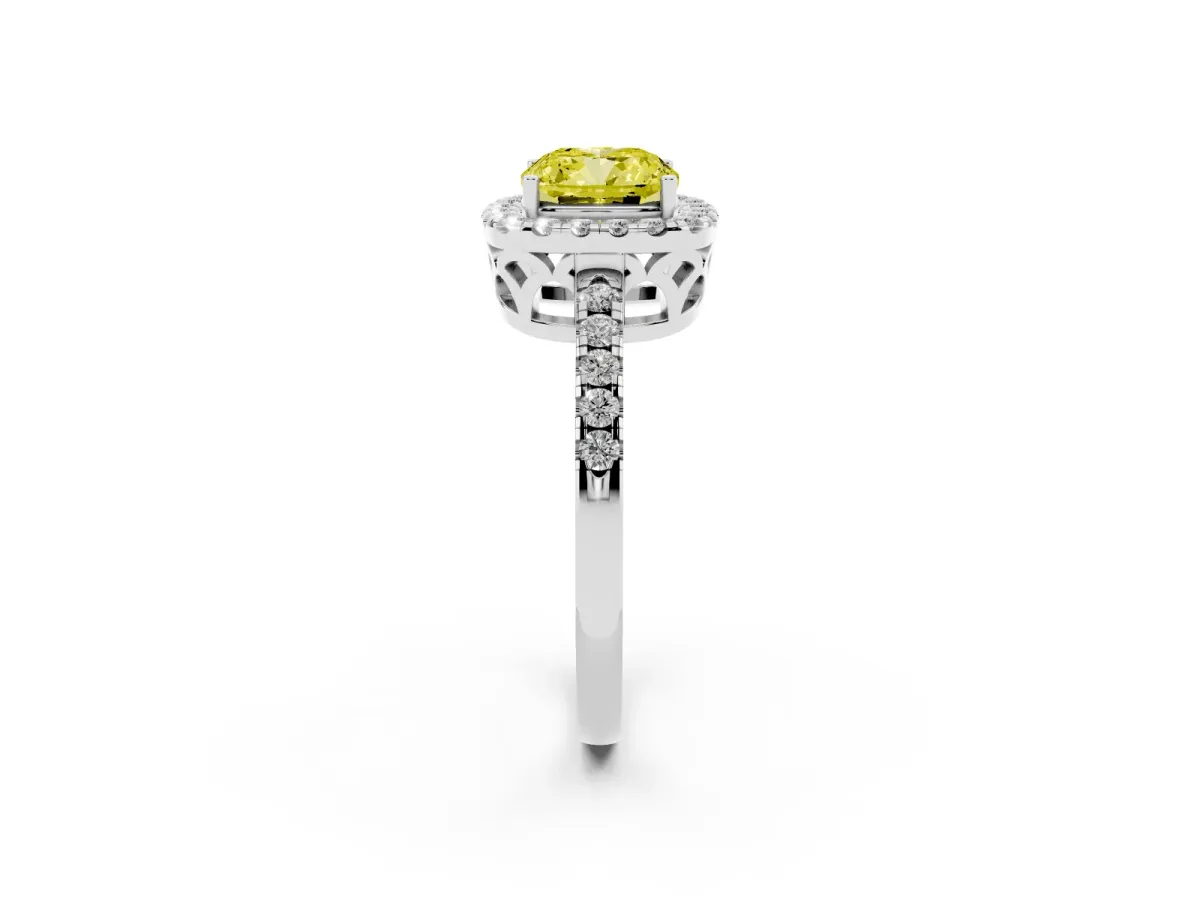 Fancy Yellow Cushion Cut Halo Diamond Engagement Ring with Pavé Band and Four-Prong Setting Platinum