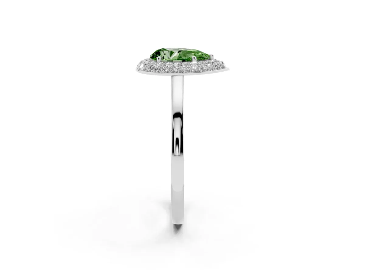 Fancy Green Pear Cut Halo Diamond Engagement Ring with Solitaire Band and Four-Prong Setting Silver