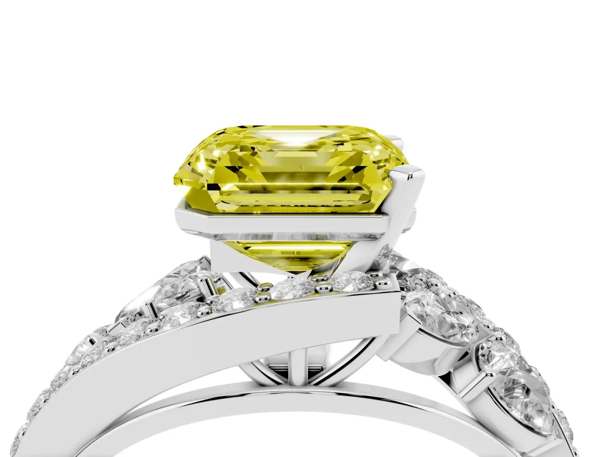 Fancy Yellow Asscher Cut Diamond Halo Ring with Marquise and Pavé Band in Prong Setting Platinum