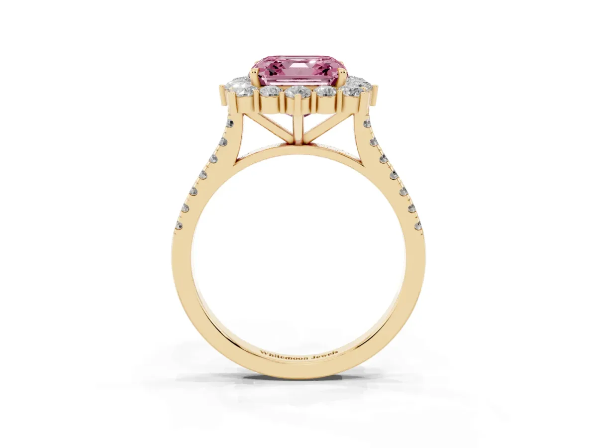Fancy Pink Asscher Cut Halo Diamond Ring with Pavé Band and Prong Setting Yellow gold