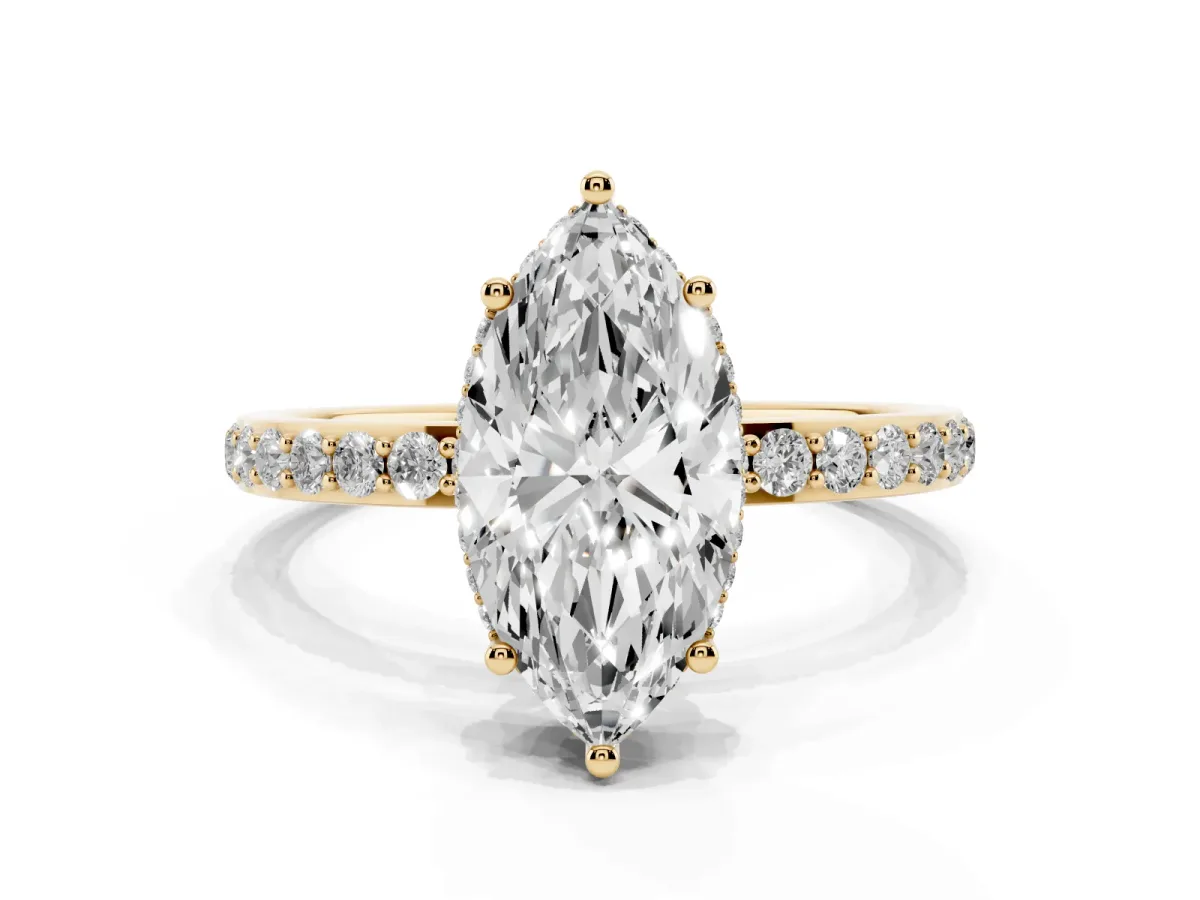Marquise Cut Diamond Solitaire Ring with Pavé Band and Hidden Halo Yellow gold