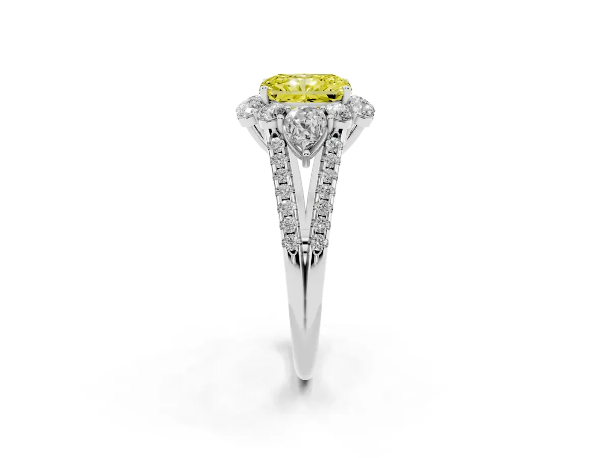 Fancy Yellow Radiant Cut Halo Split Shank Diamond Engagement Ring with Prong Setting Silver