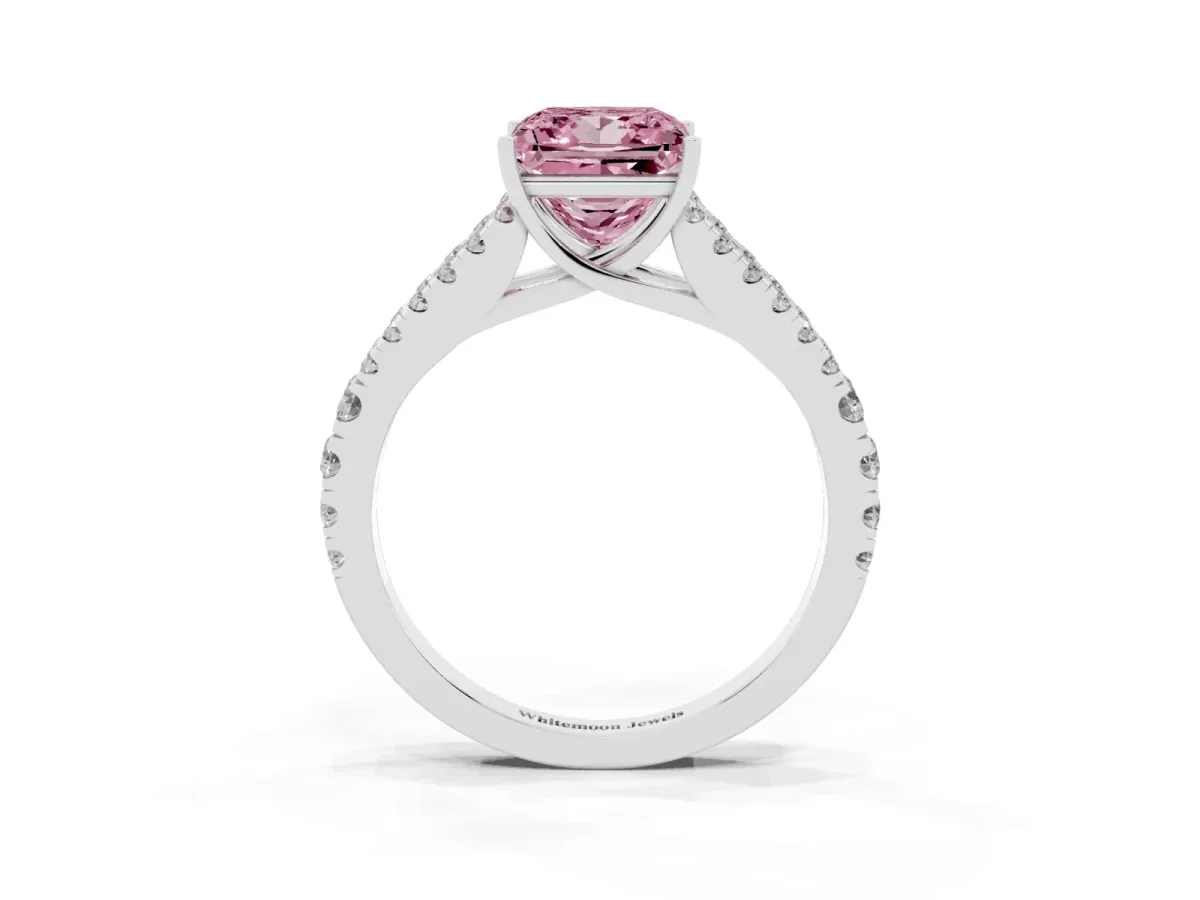 Fancy Pink Princess Cut Diamond Split Shank Engagement Ring with Round Pavé and Prong Setting Silver