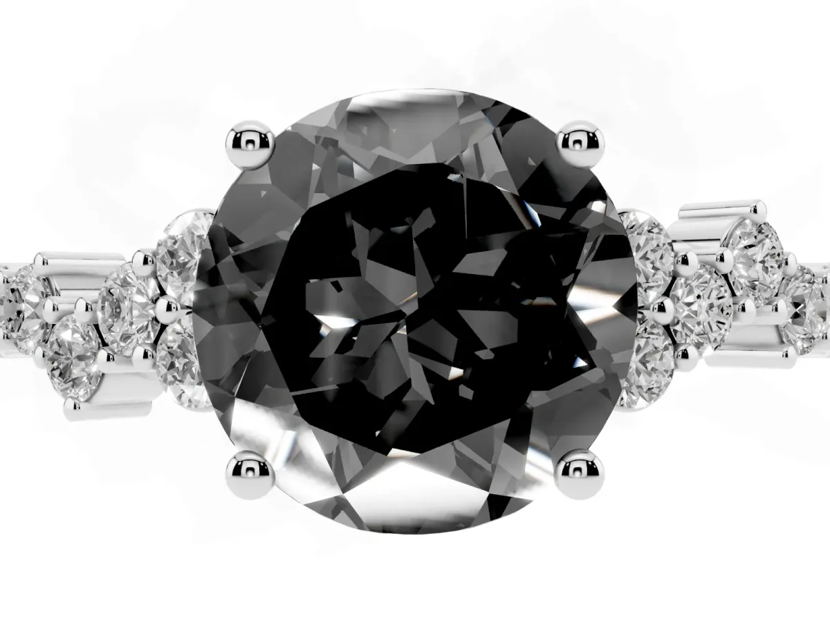 Fancy Black Round Cut Diamond Scattered Round Accent Ring with Prong Setting Silver