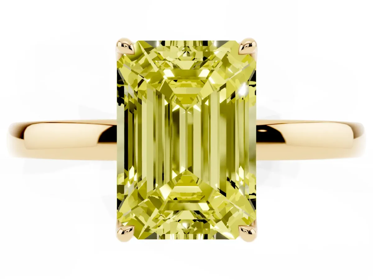 Fancy Yellow Emerald Cut Diamond Solitaire Ring with Thin Band and Prong Setting Yellow gold
