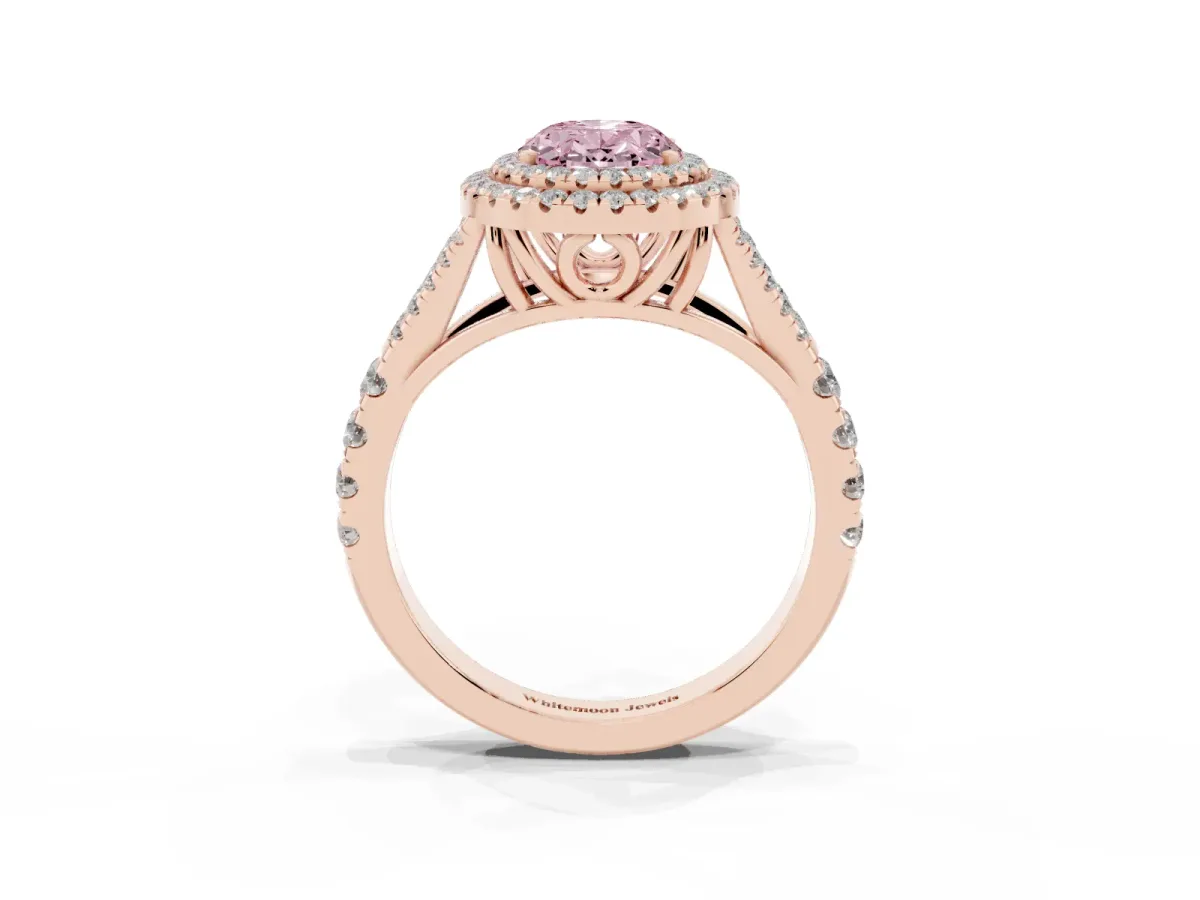 Fancy Pink Oval Cut Cut Double Halo Split Shank Diamond Ring with Prong Setting Rose gold
