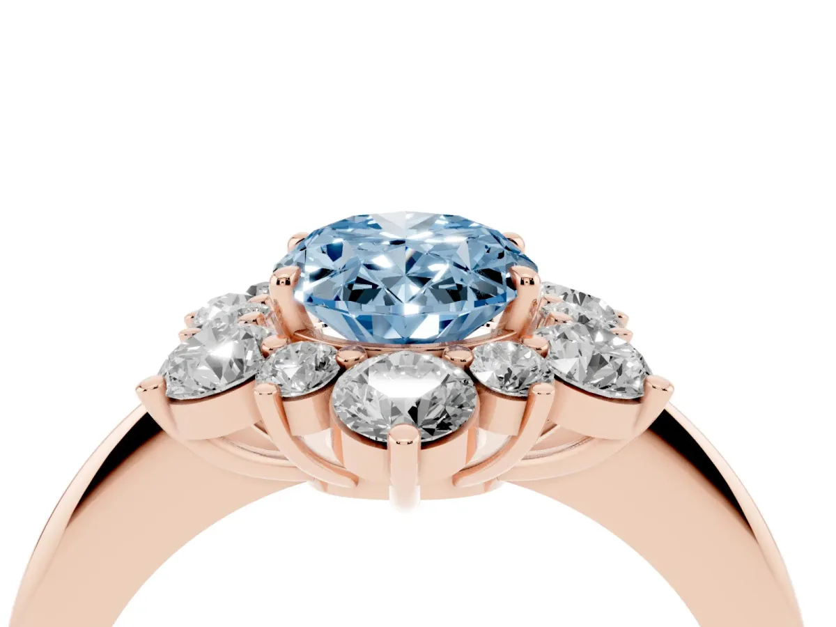 Fancy Blue Oval Cut Diamond Cluster Halo Ring with Solitaire Band and Four-Prong Setting Rose gold