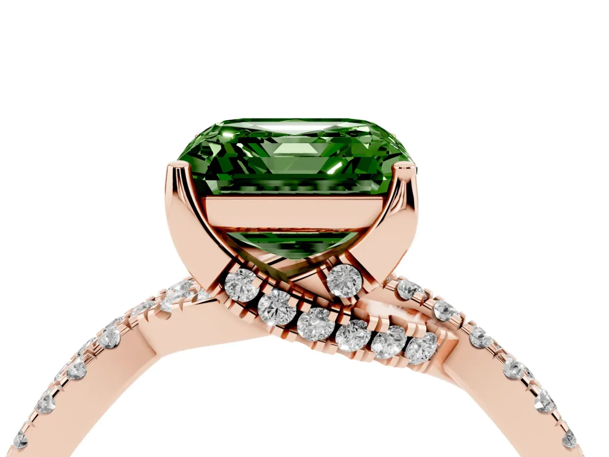 Fancy Green Asscher Cut Solitaire Twist Pave Diamond Engagement Ring with Prong Setting Rose gold