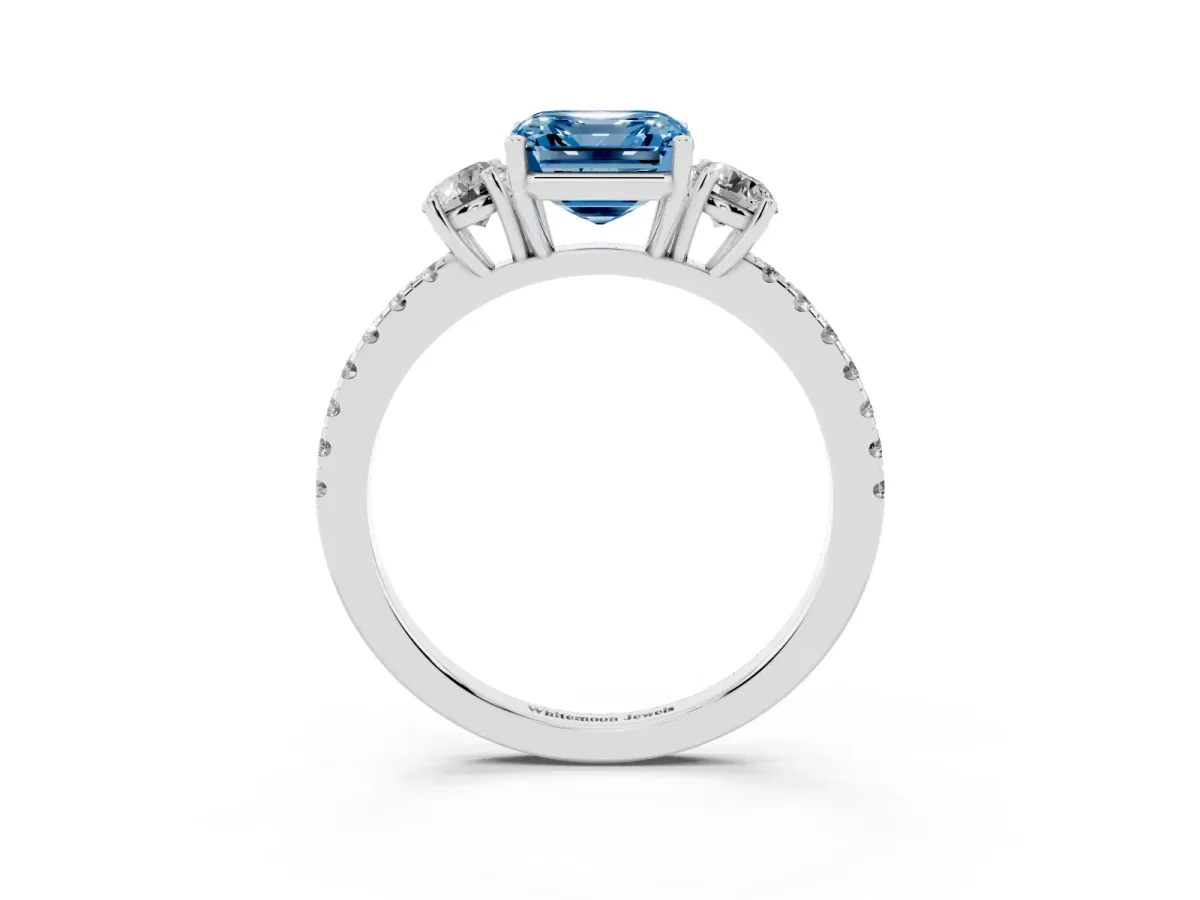 Fancy Blue Three-Stone Asscher Cut Cut Diamond Pavé Band with Prong Setting Silver