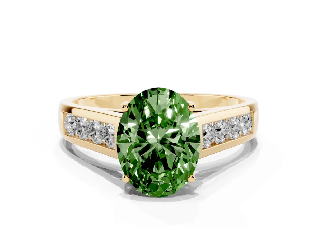 Fancy Green Oval Cut Solitaire Channel-Set Diamond Engagement Ring with Four-Prong Setting Yellow gold