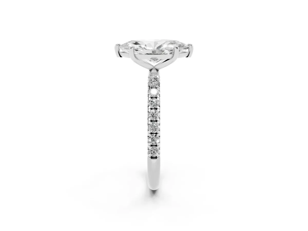 Marquise Cut Cut Diamond Solitaire Ring with Micro Pave Band and Four Prong Setting Silver