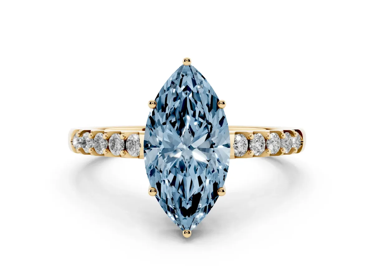 Fancy Blue Marquise Cut Solitaire Diamond Engagement Ring with Pavé Band and Six-Prong Setting Yellow gold