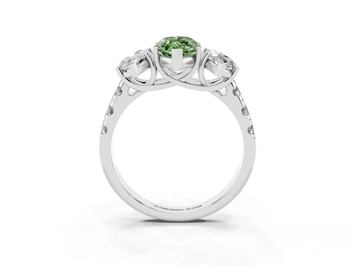 Fancy Green Three-Stone Marquise Cut Diamond Pavé Band with Prong Setting Silver