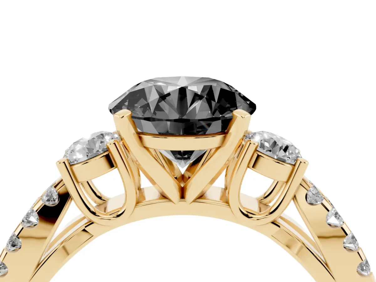 Fancy Black Round Cut Diamond Three-Stone Ring with Pavé Split Shank and Four-Prong Setting Yellow gold