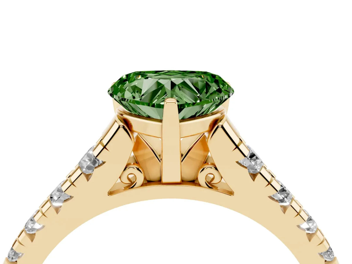 Fancy Green Heart Cut Diamond Cathedral Solitaire Ring with Round Pavé Band Yellow gold