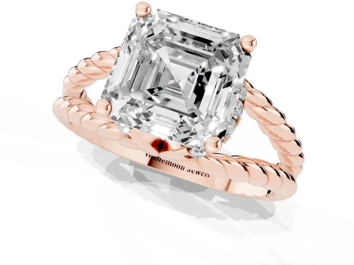 Asscher Cut Halo Twisted Band Four-Prong Ring Rose gold