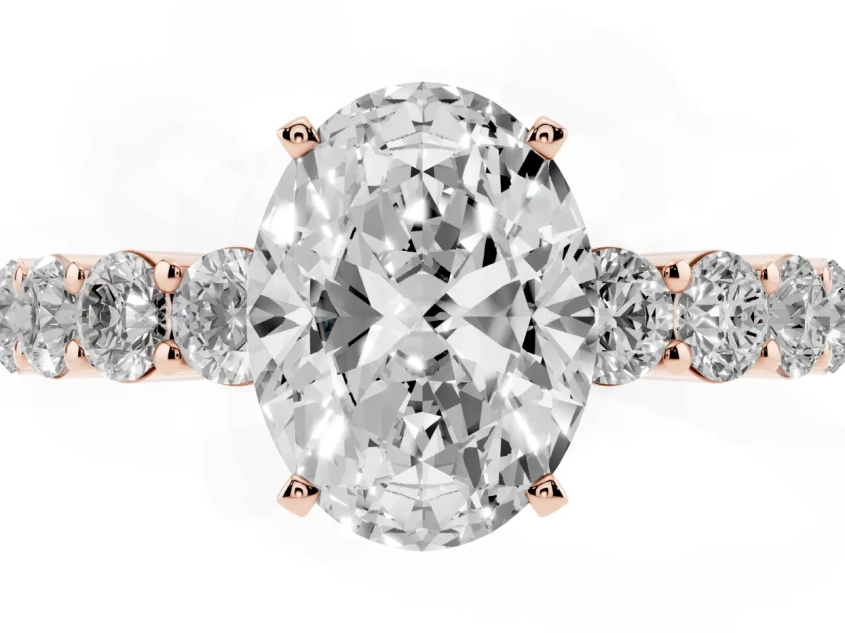 Oval Cut Diamond Solitaire Ring with Shared Prong Round Side Stones Rose gold