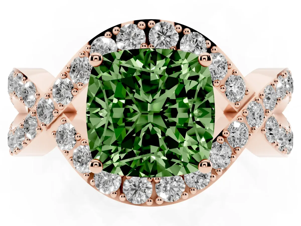 Fancy Green Cushion Cut Solitaire Twist Band Pavé Diamond Engagement Ring Rose gold
