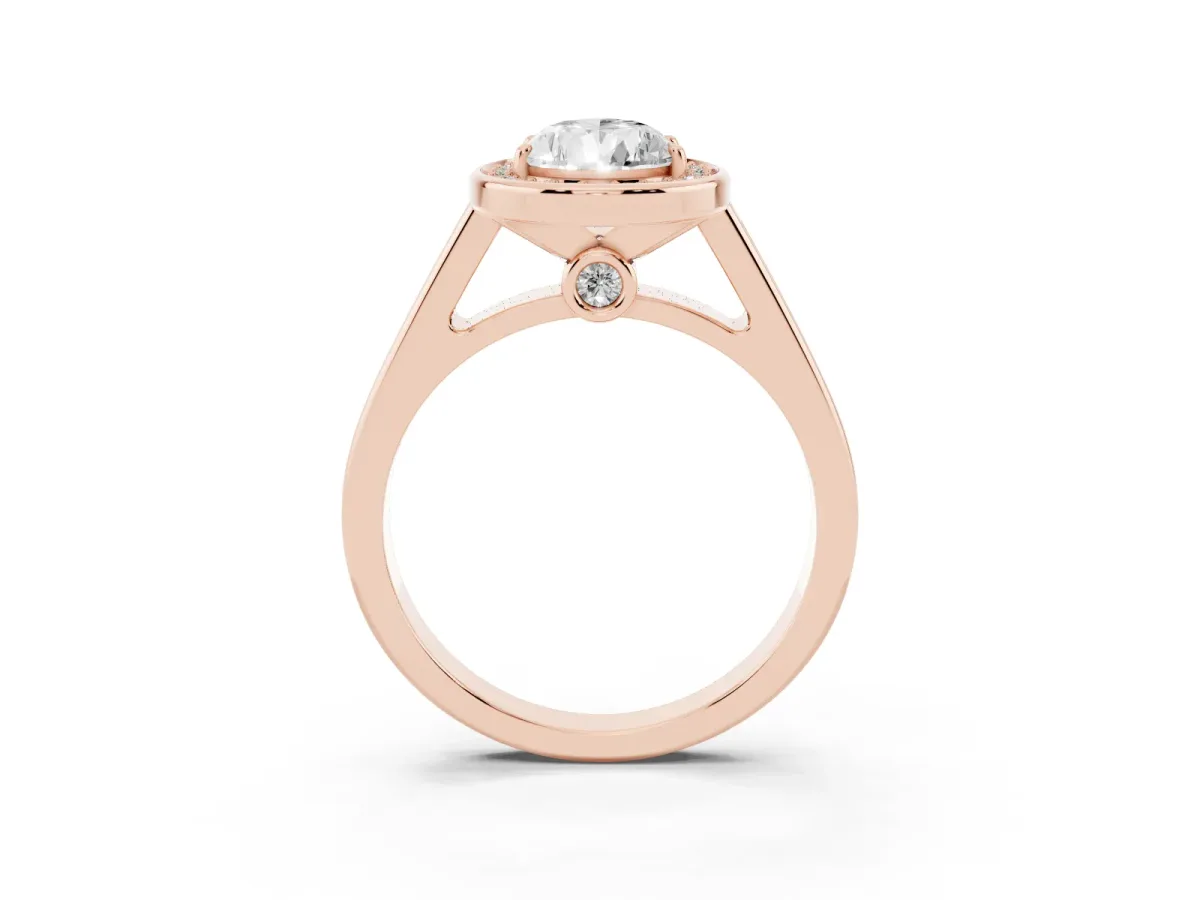 Pear Cut Halo Solitaire Diamond Ring with Pave Band and Bezel Setting Rose gold
