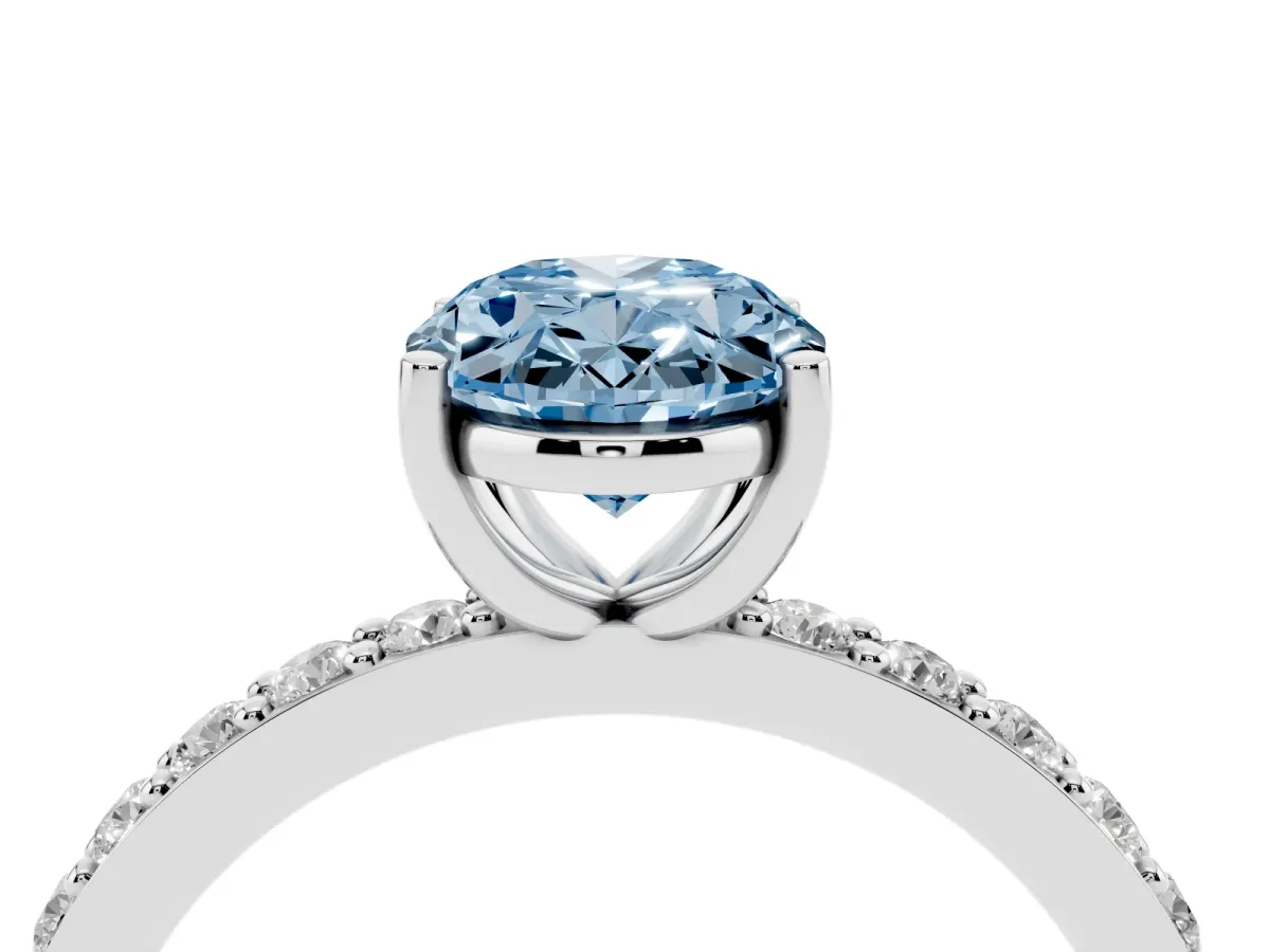 Fancy Blue Oval Cut Cut Diamond Solitaire with Pave Band and Four-Prong Setting Silver